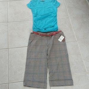 NWT sz5 dress capri, tan and teal pin stripe, top